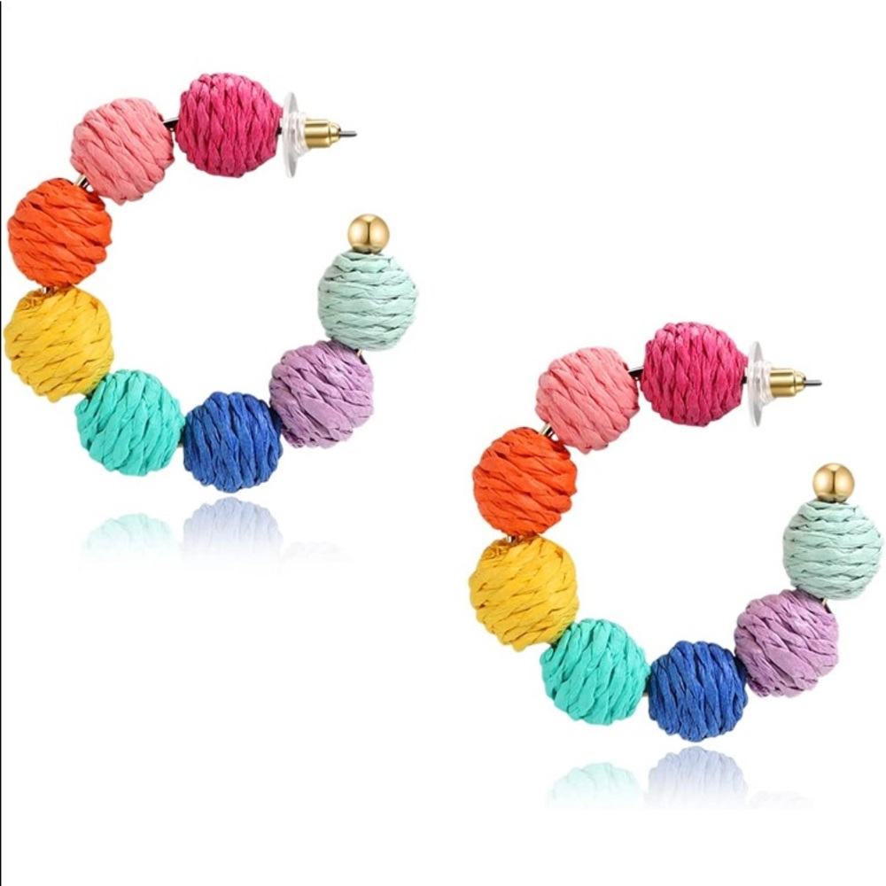 Beaches R Mah Jam⛵️🌴🌺Bohemian Boho Handmade Raffia Rainbow Statement Ear… - Picture 9 of 10